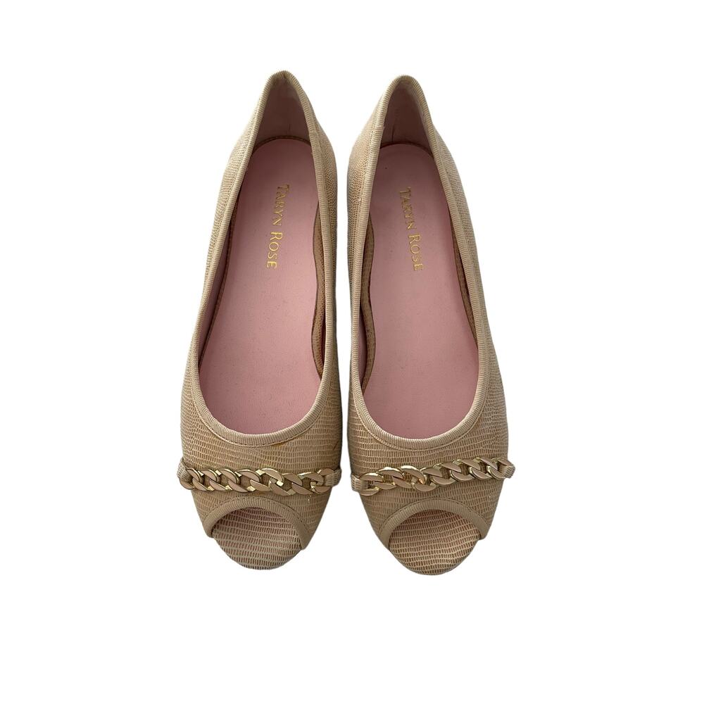 Taryn Rose ACI Beige‎ Lizard Embossed Leather Nude Peep Toe Flats SZ 5.5M